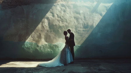 Joyful couple celebrating their wedding in elegant attire, ideal for advertising with text spaceの素材