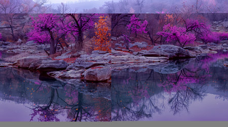 Serene river bordered by vibrant flowering trees, creating beautiful reflections on the calm waterの素材