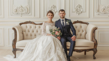 Joyful wedding couple in elegant attire surrounded by love, perfect for advertising with text spaceの素材