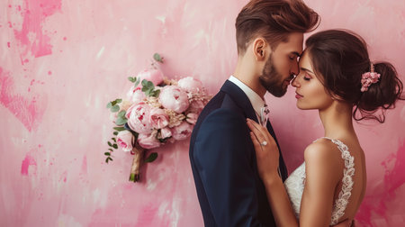 Joyful couple celebrating love at a wedding in elegant attire with space for text on the leftの素材