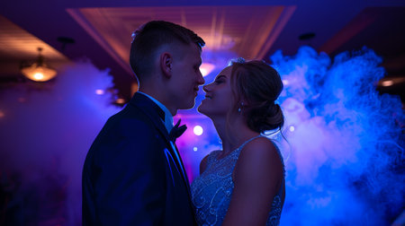 Joyful couple celebrating love at a wedding, elegant attire with bright studio setting for adsの素材