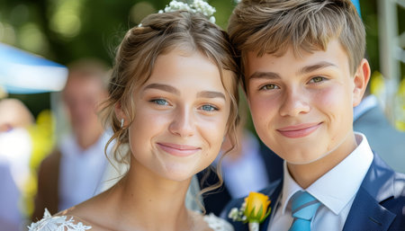 Joyful wedding couple in elegant attire, bright studio setting, ideal for advertising text spaceの素材