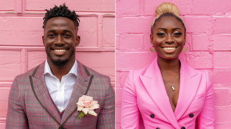 Joyful wedding couple in elegant attire with bright studio backdrop and space for textの素材
