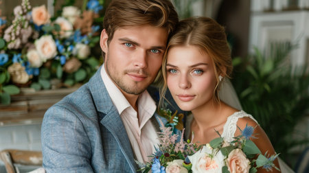 Emotional connection the tender moment between groom and bride on a clean white backgroundの素材