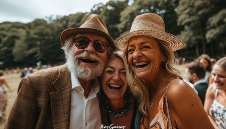 Joyful wedding guests celebrating with laughter and fun props perfect for custom text spaceの素材