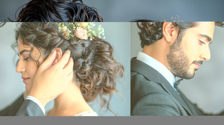Tender embrace of groom and bride capturing deep emotions against a minimalist white backdropの素材