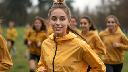 Group of happy young women running on the field during a race.の素材
