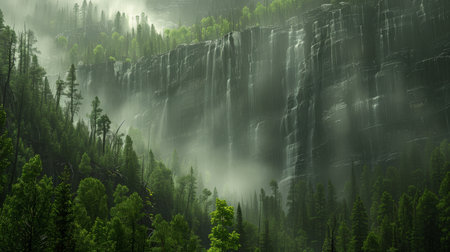 Spring landscape featuring a snow capped mountain surrounded by lush forested slopesの素材