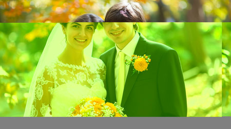 Joyful couple celebrating their wedding in elegant attire, radiating love in a bright studio settingの素材