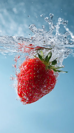 An exquisite close-up view of a single red strawberry falling into clear water, showing a dynamic splash that embodies fresh summer moments and delightful flavors.の素材