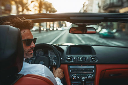 A rich man enjoying the ride in a luxurious sports convertible, exuding confidence and power. This dynamic scene reflects the allure of wealth and the joy of driving an elite vehicle.の素材