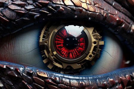 Robo reptilian eye showcasing advanced technology and intricate details in a surreal artistic representationの素材