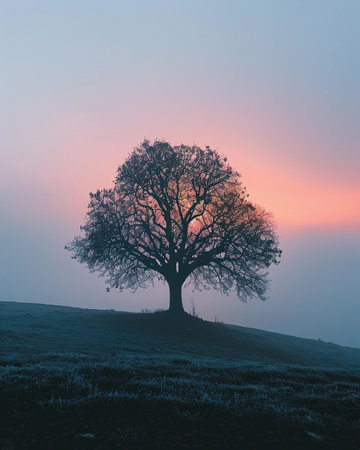 Majestic solitary tree silhouetted against a colorful foggy sunrise in a serene landscapeの素材