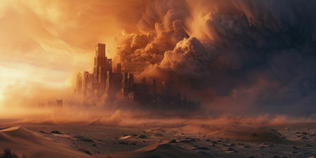 Dark clouds loom over a futuristic city amidst a desert landscape at dusk, creating a dramatic and eerie atmosphereの素材