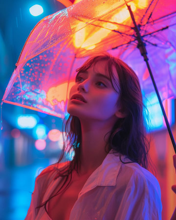 Model stands under a colorful umbrella in a rainy urban street illuminated by neon lights at night showcasing a vibrant atmosphereの素材