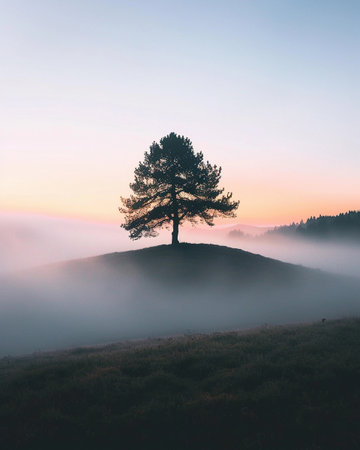 Misty sunrise over a solitary tree on a hill surrounded by fog in a serene landscapeの素材