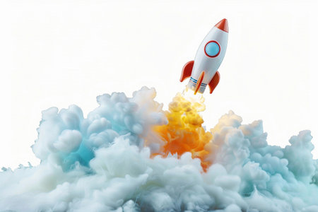 Rocket launches into the sky, surrounded by colorful clouds and smoke, creating a dynamic and exciting atmosphere for exploration and adventureの素材