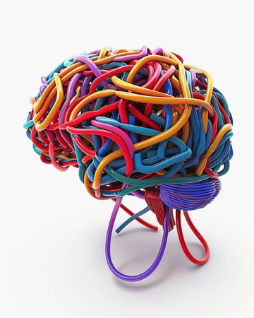 Colorful abstract representation of a brain made from intertwined cables and tubes displayed on a white background, showing creativity and complexity in designの素材