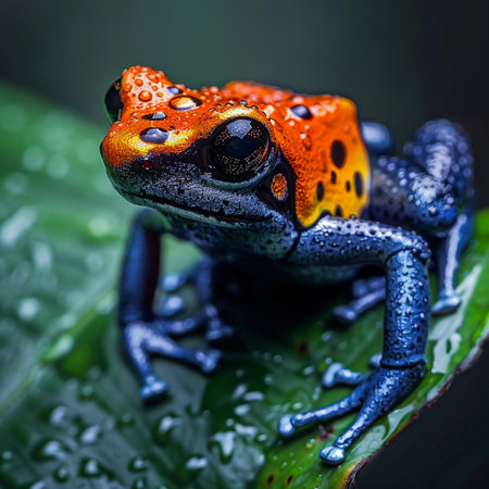 Brightly colored frog perched on a leaf covered in droplets in a tropical rainforest during a rainy dayの素材