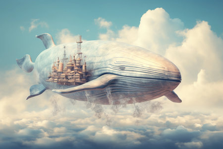 Floating whale with steampunk ships in clouds during an ethereal sunset skyの素材