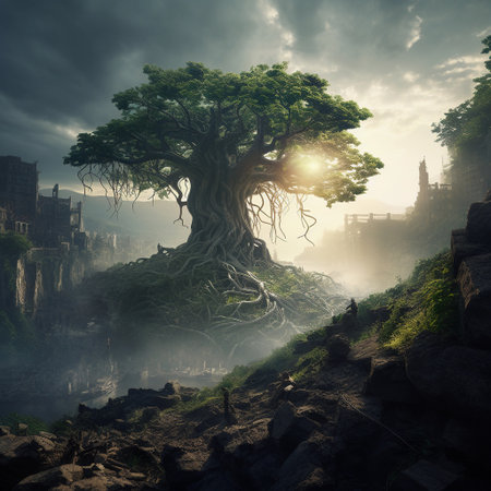 Majestic ancient tree overlooks a mystical valley at sunrise with ruins and mist in the background, creating an enchanting atmosphere of nature and historyの素材