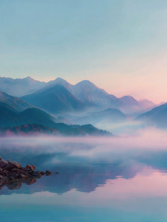 Misty mountains reflect in tranquil lake at dawnの素材