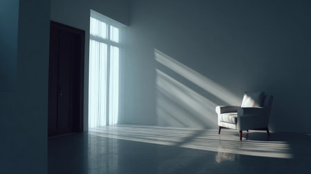 Bright sunlight streams into a minimalist room, highlighting a cozy white armchair by the window on a calm afternoonの素材