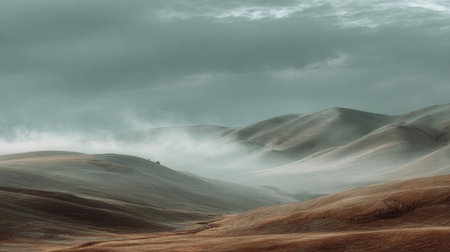 Misty rolling hills under a cloudy sky in an expansive landscape with varying shades of brown and green during early morning hoursの素材
