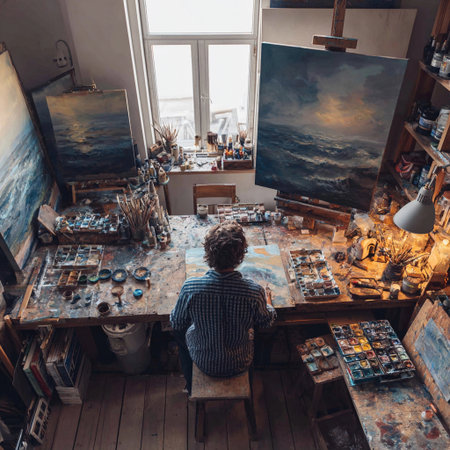 Artist creates seascape paintings in a cozy studio filled with art supplies and large canvases during late afternoon lightの素材