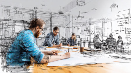 Creative brainstorming session in a modern office environment with collaborative team members working on design conceptsの素材