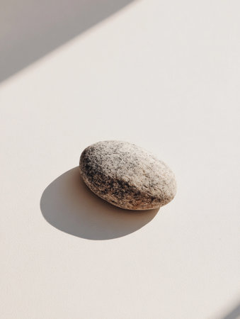 Unique smooth gray stone resting on a light surface showcasing natural textures and shadows in a serene indoor settingの素材
