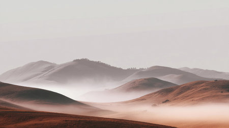 Misty hills bathed in soft light create a serene landscape at dawn, offering a sense of tranquility in nature's beautyの素材