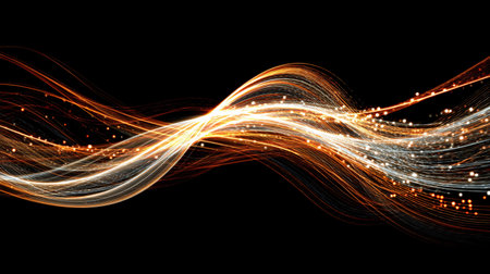 Colorful light waves merge gracefully in a dark space creating a captivating visual display of movement and energyの素材