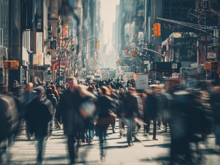 Crowd moving through busy urban street in bright daylight during a vibrant afternoonの素材