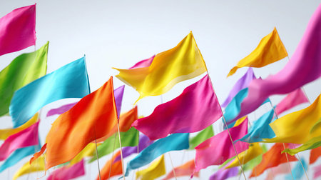 Colorful flags waving in the wind during a vibrant outdoor festival, creating a joyful atmosphere filled with celebration and excitement for attendeesの素材