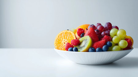 Colorful assortment of fresh fruits in a bowl on a white table, showcasing strawberries, grapes, oranges, and more in a bright and inviting arrangementの素材