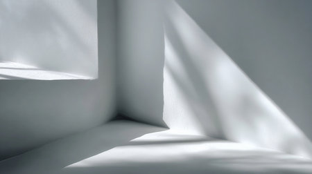Light and shadow interplay in a minimalist architectural space filled with soft angles and muted tones during the dayの素材