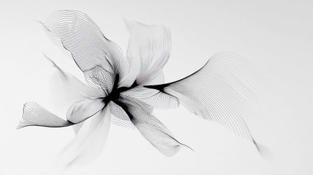 Abstract black lines create a flowing design resembling a flower on a white background, showcasing movement and artistic expressionの素材