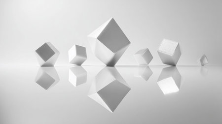 Geometric shapes arranged on a reflective surface creating a minimalist composition in black and white art styleの素材