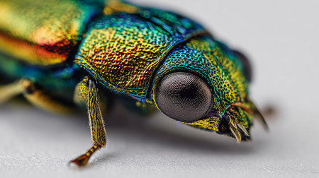 Close-up view of a colorful beetle showcasing intricate details and vibrant hues in a natural setting during daylight hoursの素材