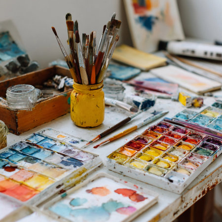 Creative workspace with paint palettes, brushes, and jars in a bright studio settingの素材