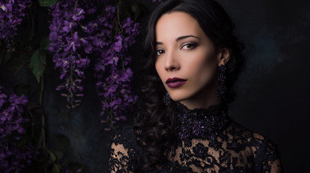Elegant woman in black lace dress poses gracefully among vibrant purple flowers in a dimly lit setting, capturing a moment of timeless beauty and sophisticationの素材