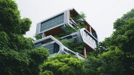 Modern architectural design featuring green elements among trees in an urban setting, showing innovative use of nature and space in the late morningの素材