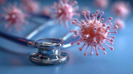 Coronavirus 2019-nCov concept. Stethoscope and virus. 3d renderingの素材