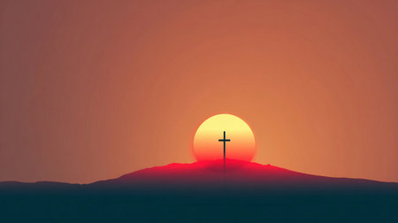 Sunset over a hilltop cross with vibrant colors illuminating the sky during late evening hoursの素材
