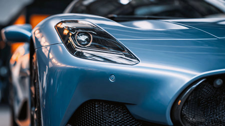 Radiant blue sports car showcased in a urban stylish setting during golden hour illuminating the sleek design and captivating details of the vehicleの素材