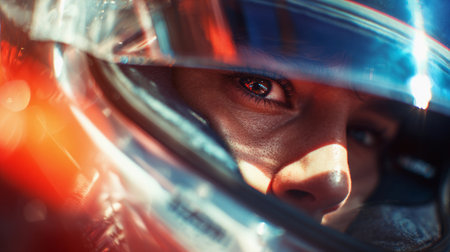 Racing driver prepares for an exciting competition with intense focus behind the helmet visor in a high-speed environmentの素材