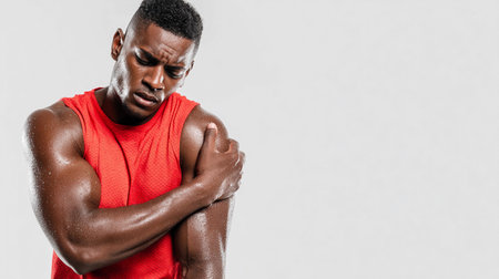 Athlete experiencing shoulder pain while training in a gym environment during a workout session focused on strength and enduranceの素材