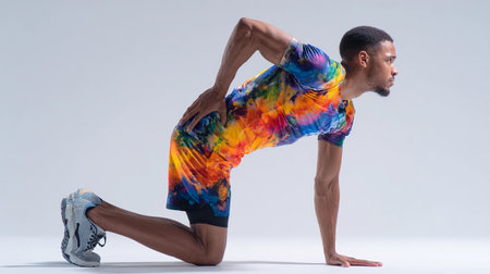 Dynamic stretching of a male athlete in colorful attire during a fitness session on a light gray backgroundの素材