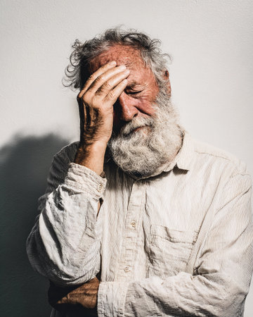 Elderly man with white beard showing emotion while resting his head against his hand in a quiet indoor settingの素材
